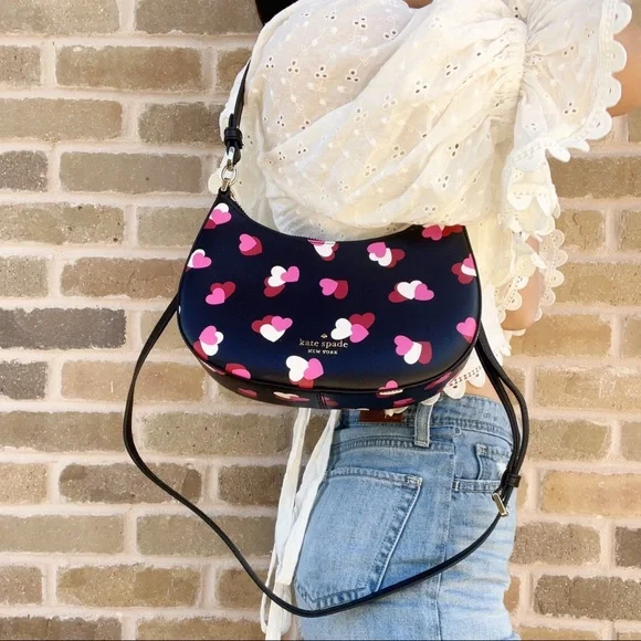 Kate Spade Staci Flutter Heart Half Moon Shoulder Bag Crossbody Black Pink - Picture 2 of 6